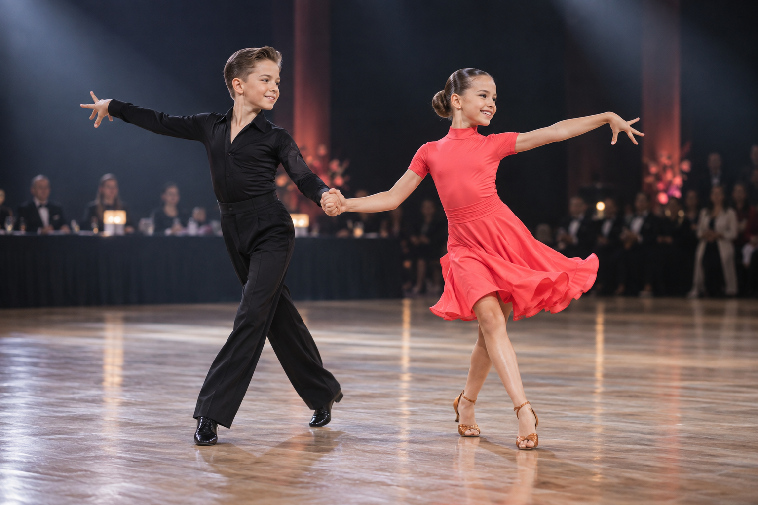 Escena ilustrativa de una pareja infantil bailando International Latin en una pista de competencia.
